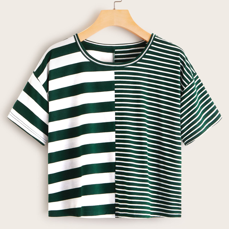 

Striped Spliced Short Sleeve Tee, Green