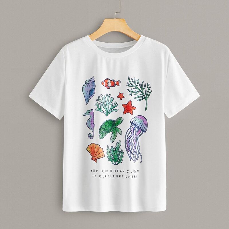 

Slogan & Sea Animal Print Tee, White
