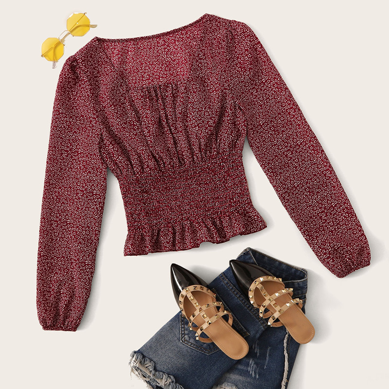 

Ditsy Floral Print Shirred Waist Blouse, Maroon