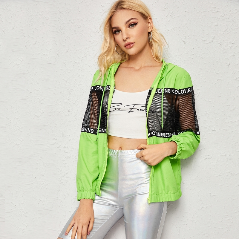 

Neon Green Contrast Fishnet Tape Hooded Windbreaker Jacket, Green bright