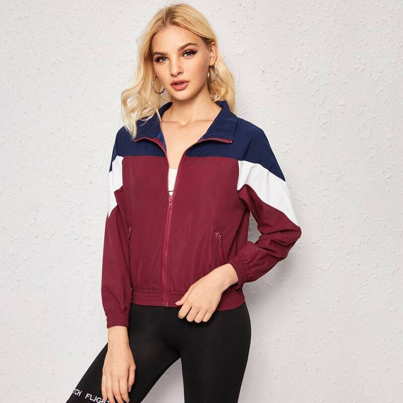 

Cut And Sew Panel Zip-up Windbreaker Jacket, Burgundy