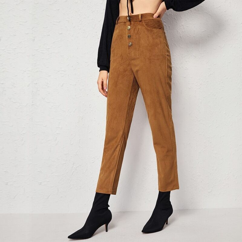 

Solid Button Fly Corduroy Pants, Brown