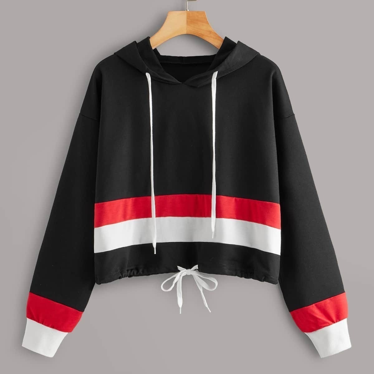 

Striped Drawstring Drop Shoulder Hoodie, Black