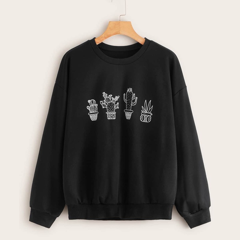 

Cactus Print Drop Shoulder Sweatshirt, Black