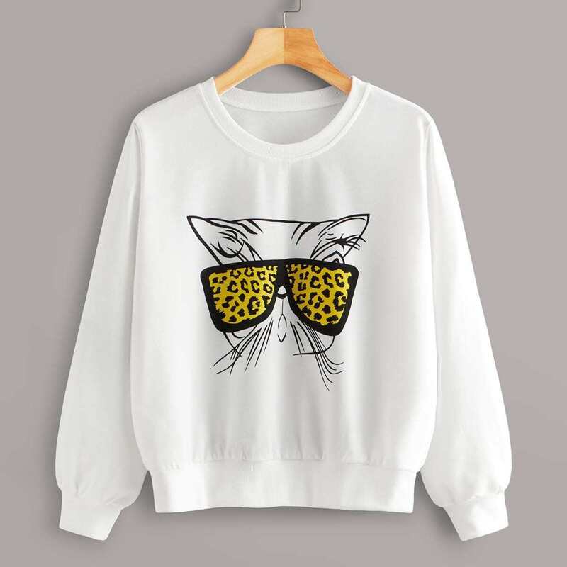 

Cat Print Round Neck Sweatshirt, White