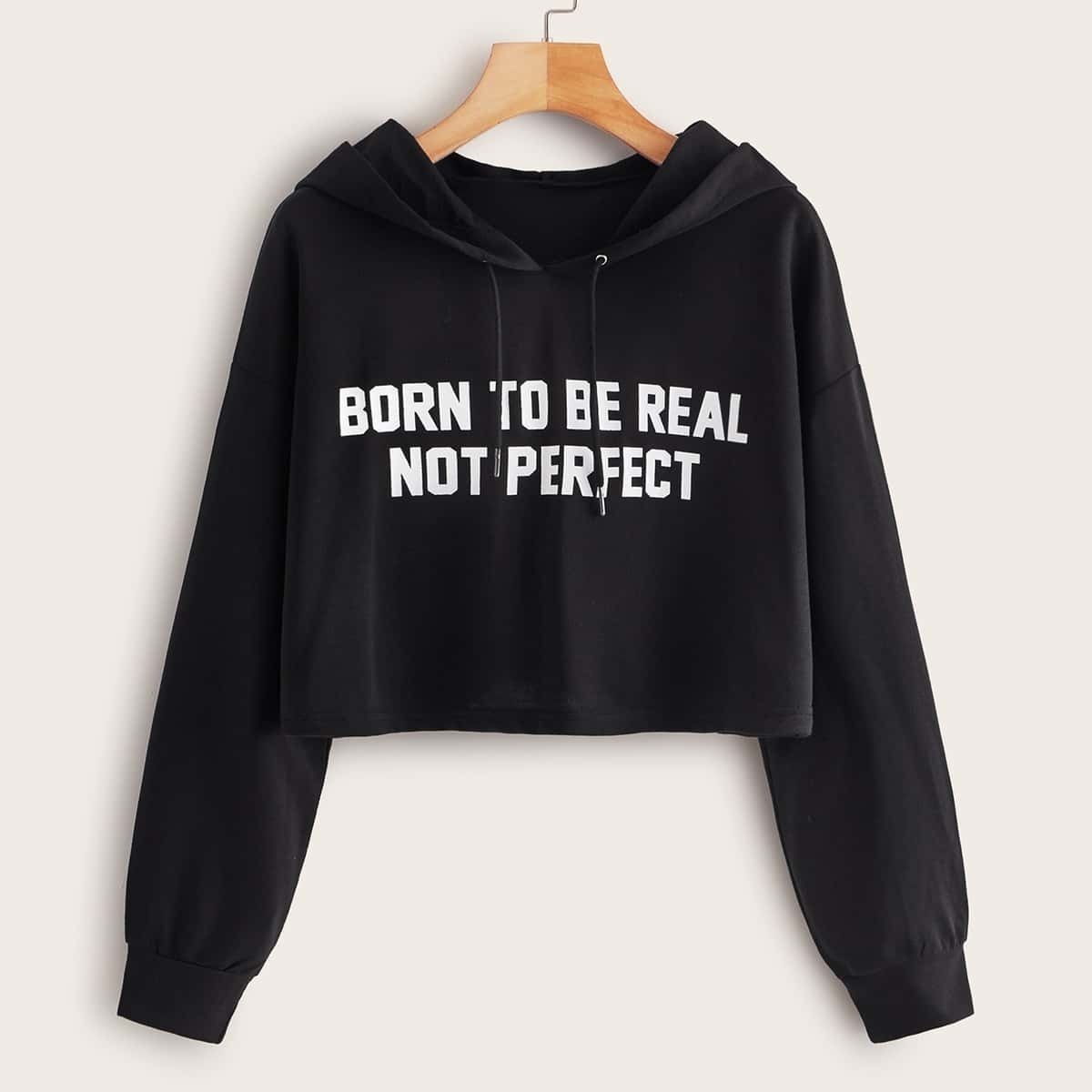 

Slogan Graphic Drawstring Crop Hoodie, Black