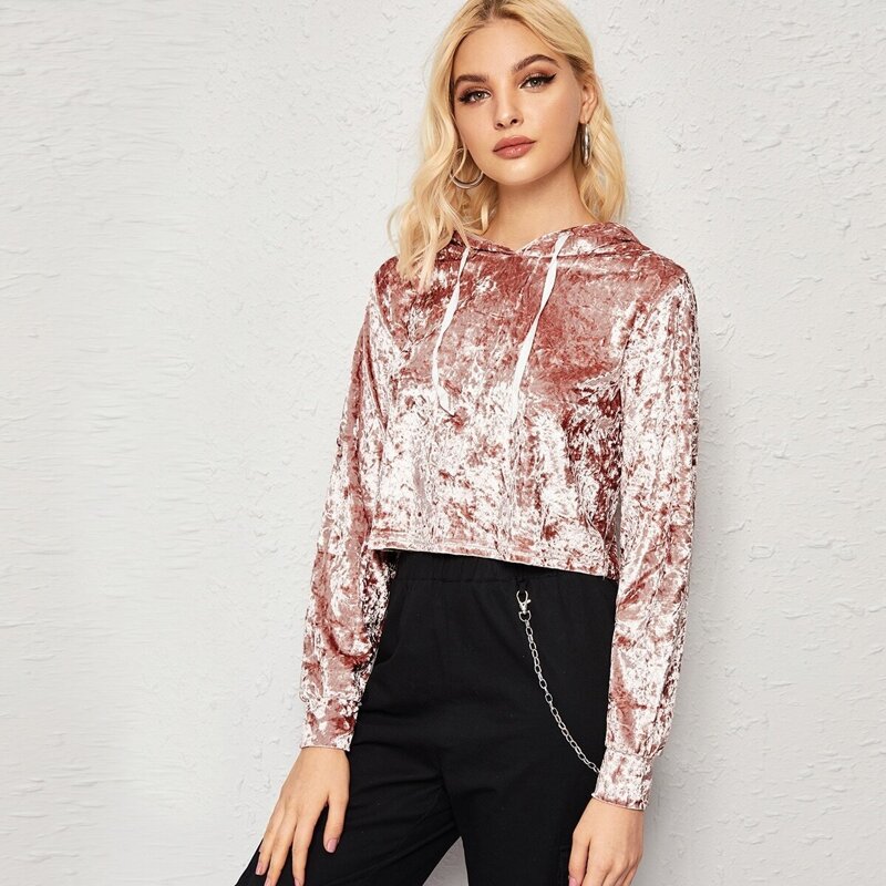 

Solid Drawstring Crushed Velvet Hooded Sweatshirt, Pink