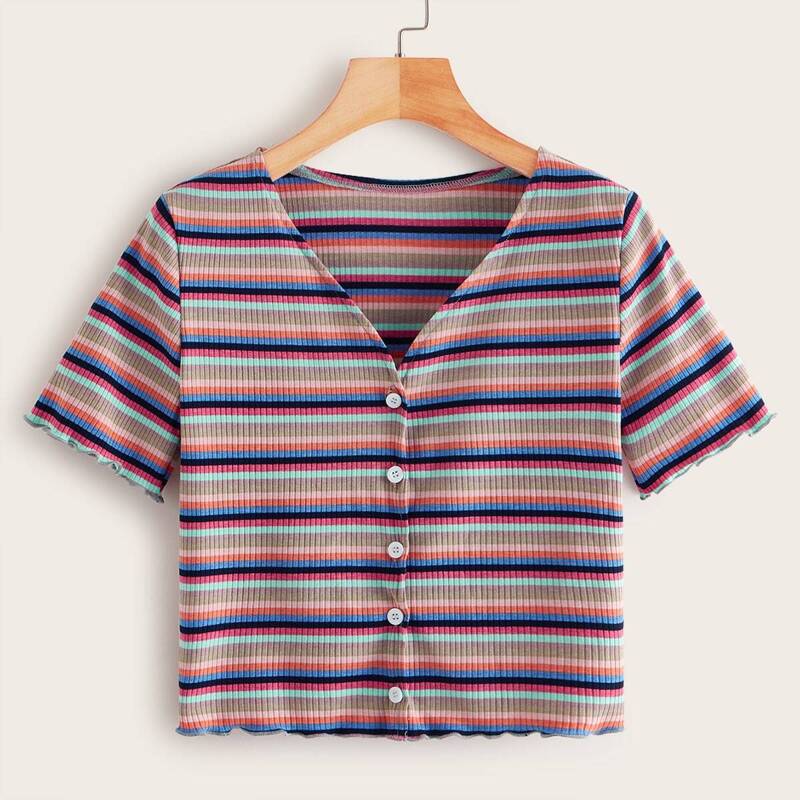 

Multi-stripe Button Front V-neck Ribbed Tee, Multicolor