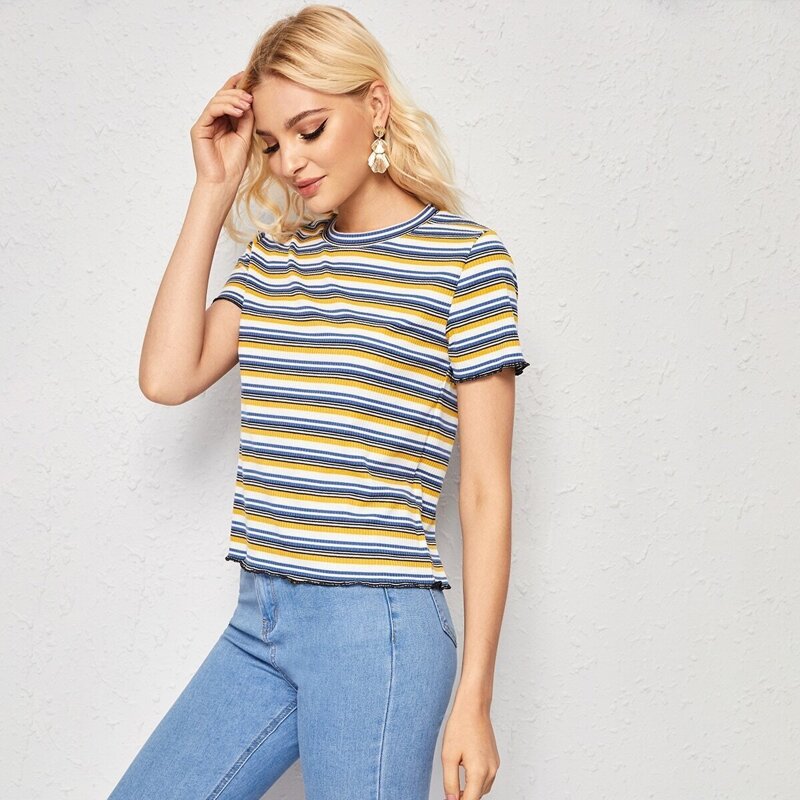 

Multi-stripe Short Sleeve Ribbed Tee, Multicolor