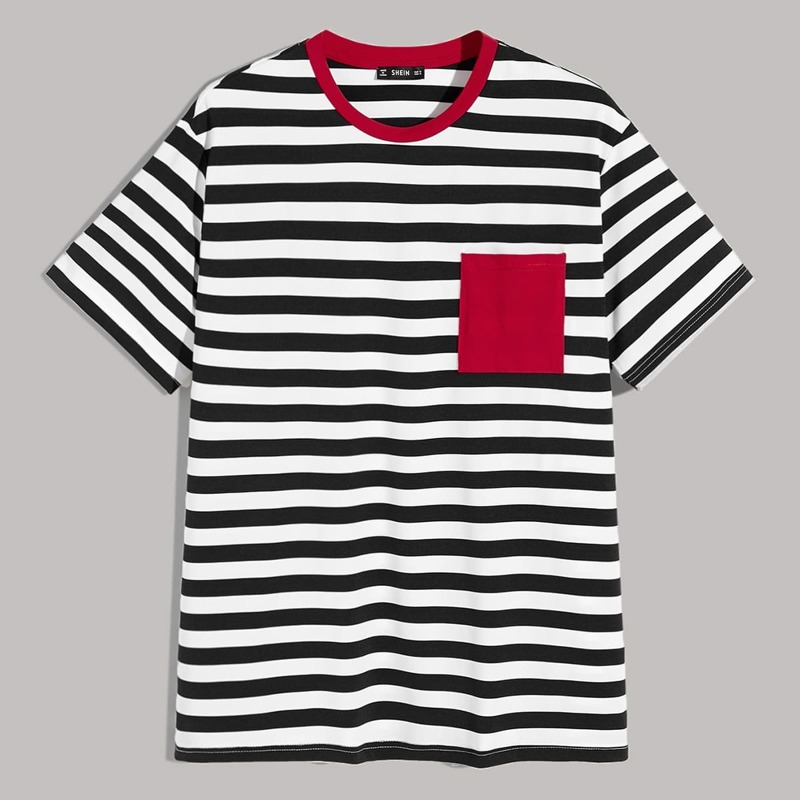 

Guys Contrast Neck Pocket Patched Striped Tee, Black and white