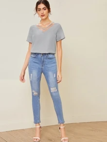 SHEIN LUNE Mesh Insert Solid Top - Grey - View 3