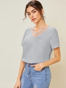 SHEIN LUNE Mesh Insert Solid Top - Grey - View 4