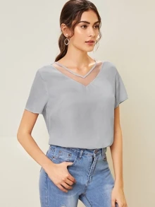 SHEIN LUNE Mesh Insert Solid Top - Grey - View 5