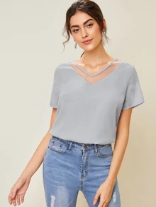 SHEIN LUNE Mesh Insert Solid Top - Grey - View 1