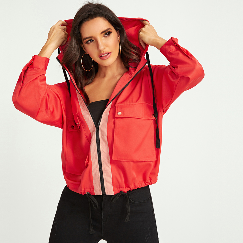

Zip Up Flap Pocket Front Jacket, Red bright