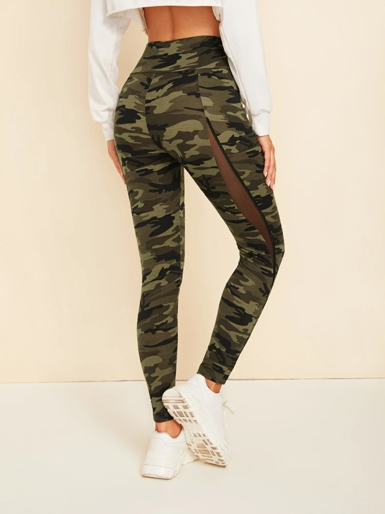 WDIRARA Womens Camo Print Wide Band Waist Sheer Mesh Insert Crop Leggings XS