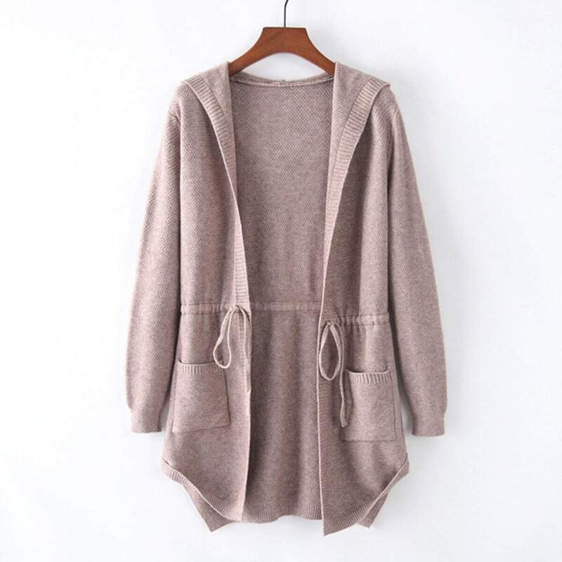 

Dual Pocket Drawstring Waist Hooded Cardigan, Pink