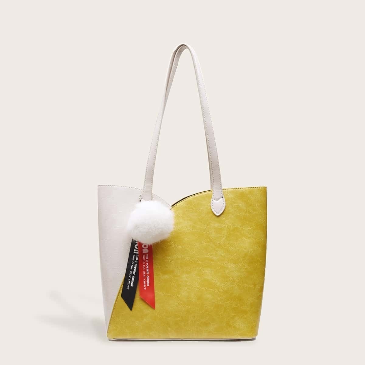 

Pom Pom Decor Two Tone Tote Bag, Multicolor