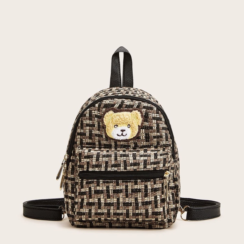 

Bear Patch Decor Tweed Backpack, Brown