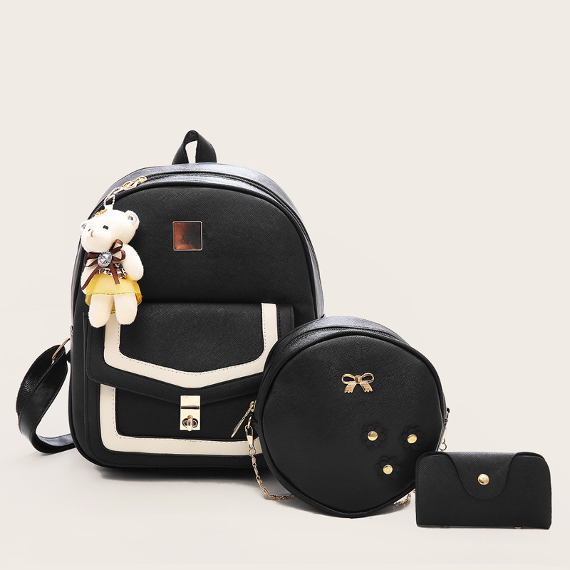 

Bear Charm Decor Backpack With Purse 3pcs, Black