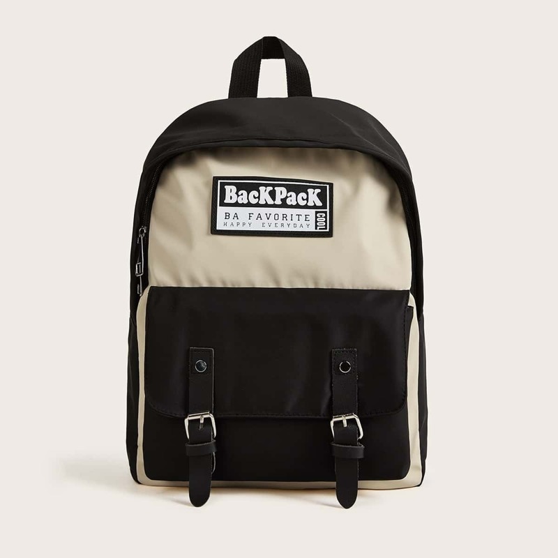 Double Buckle Strap Two Tone Backpack, Black