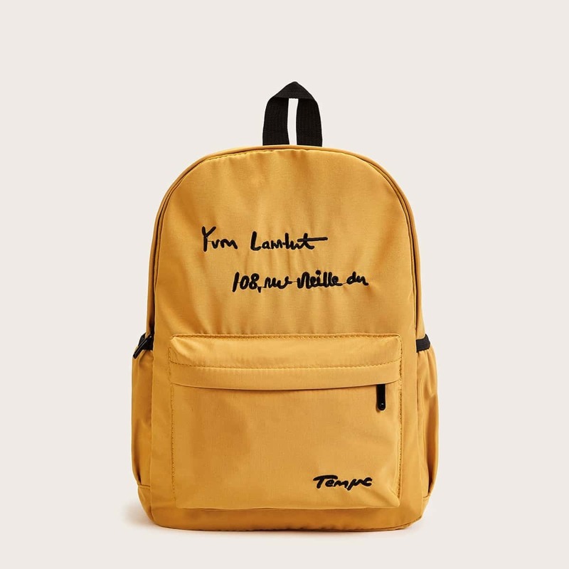 

Slogan Embroidered Pocket Front Backpack, Yellow