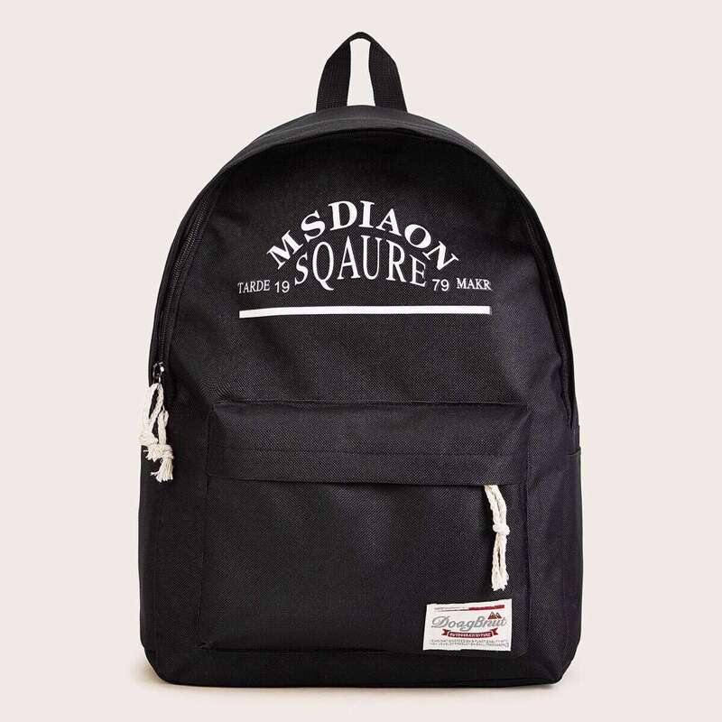 

Letter Print Pocket Front Canvas Backpack, Black