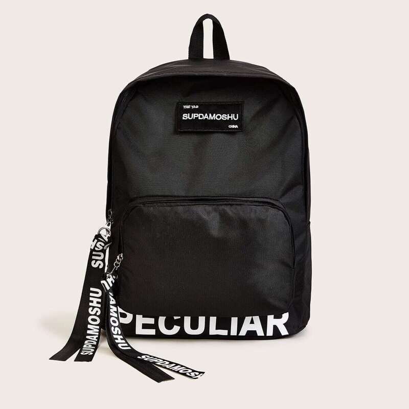 

Slogan Ribbon Decor Backpack, Black