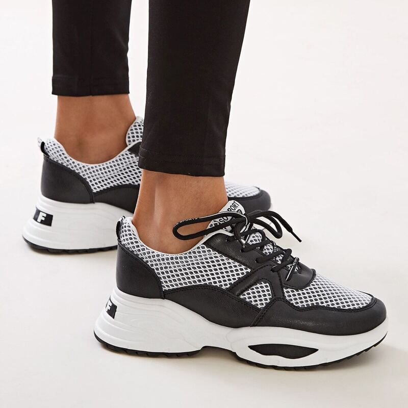 

Lace-up Front Chunky Sneakers, Black and white