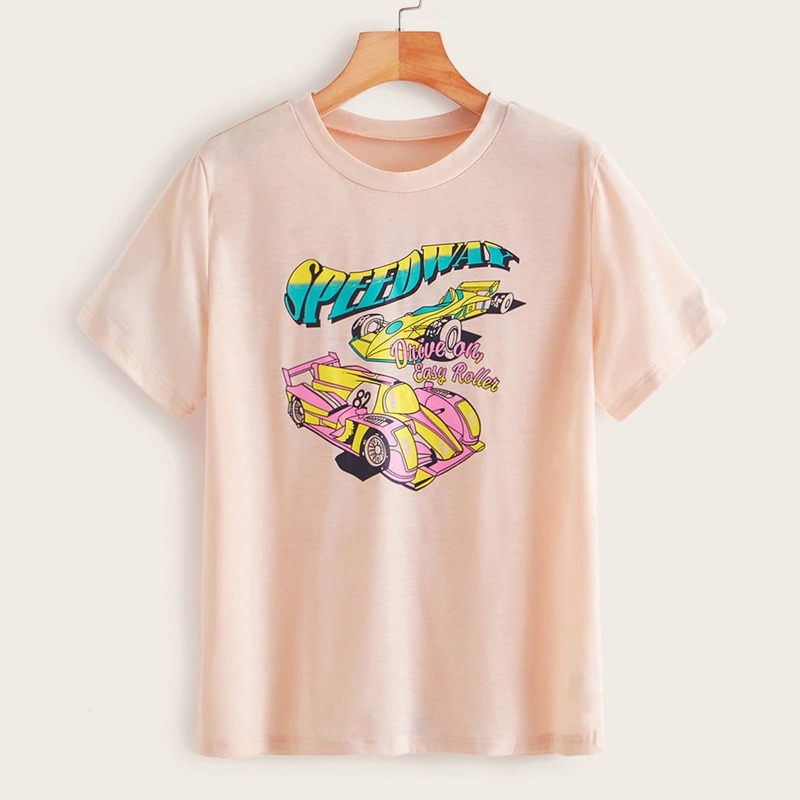 

Car & Letter Graphic Short Sleeve Tee, Pink