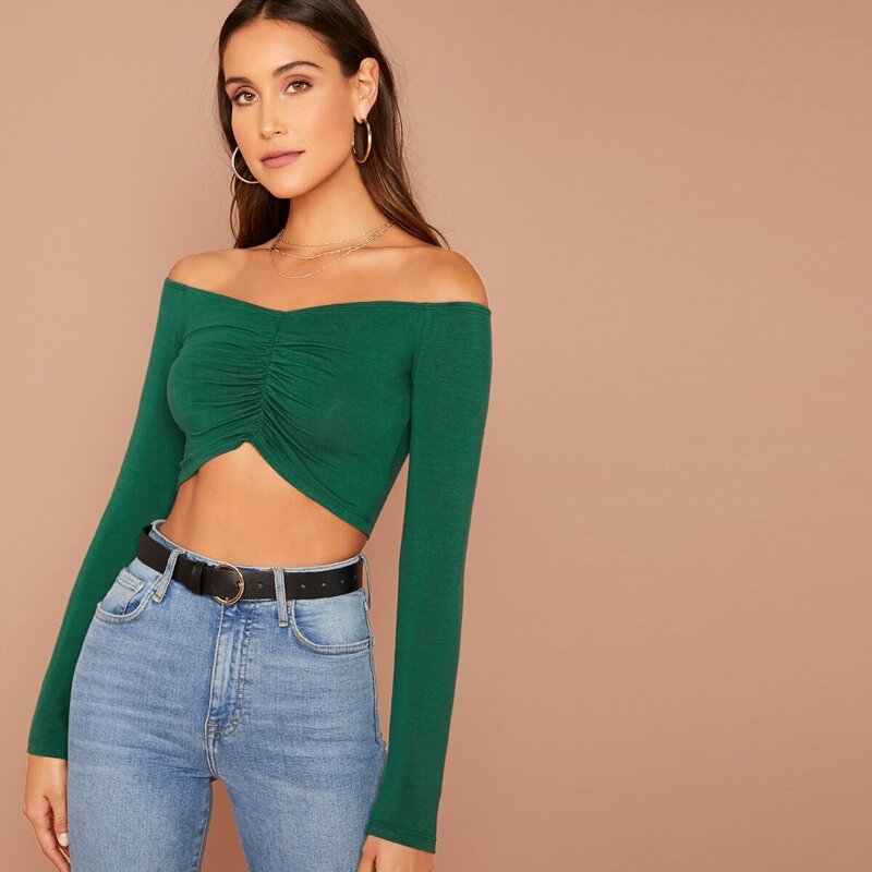 Ruched Front Bardot Crop Top, Green