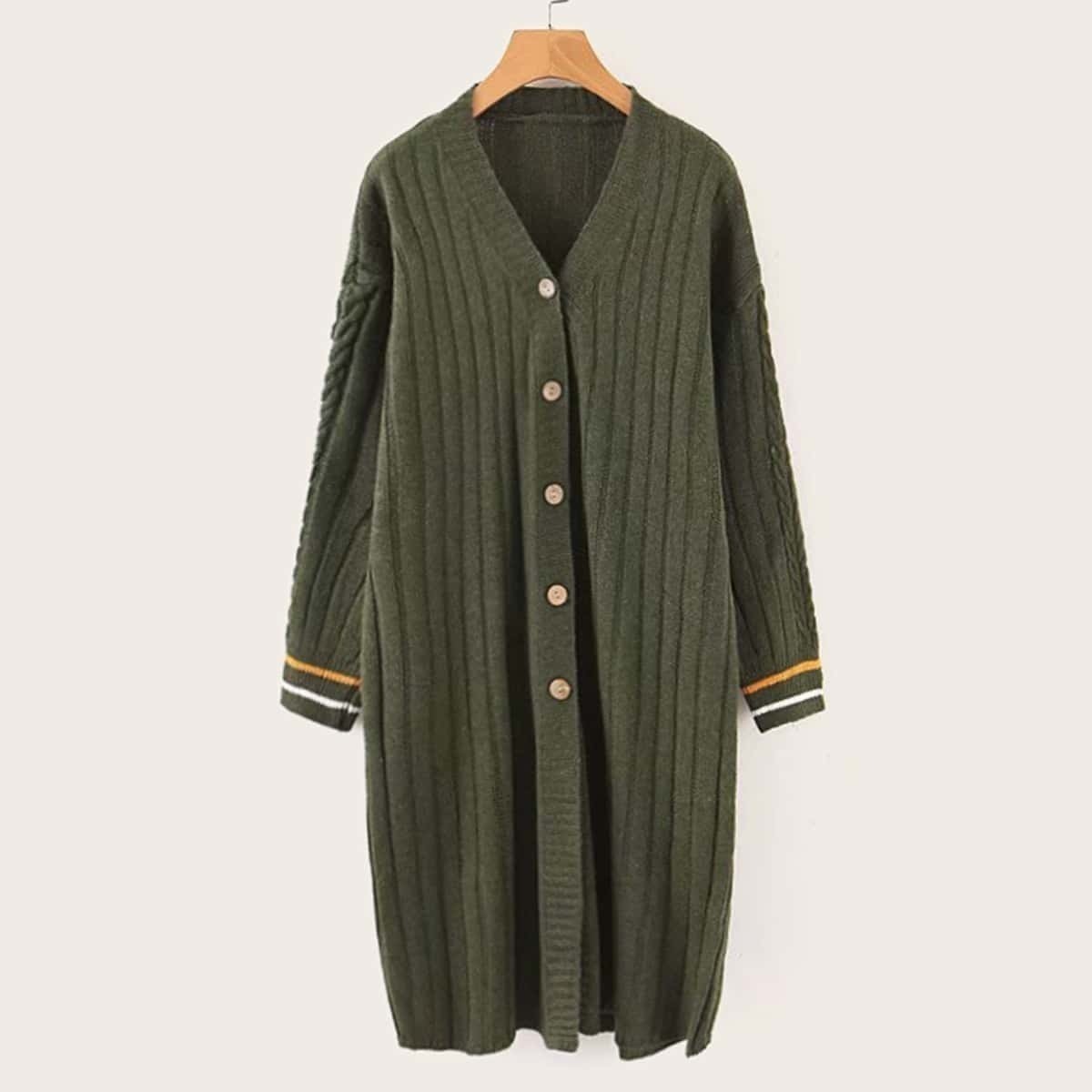 

Single Breasted Striped Sleeve Cardigan, Army green
