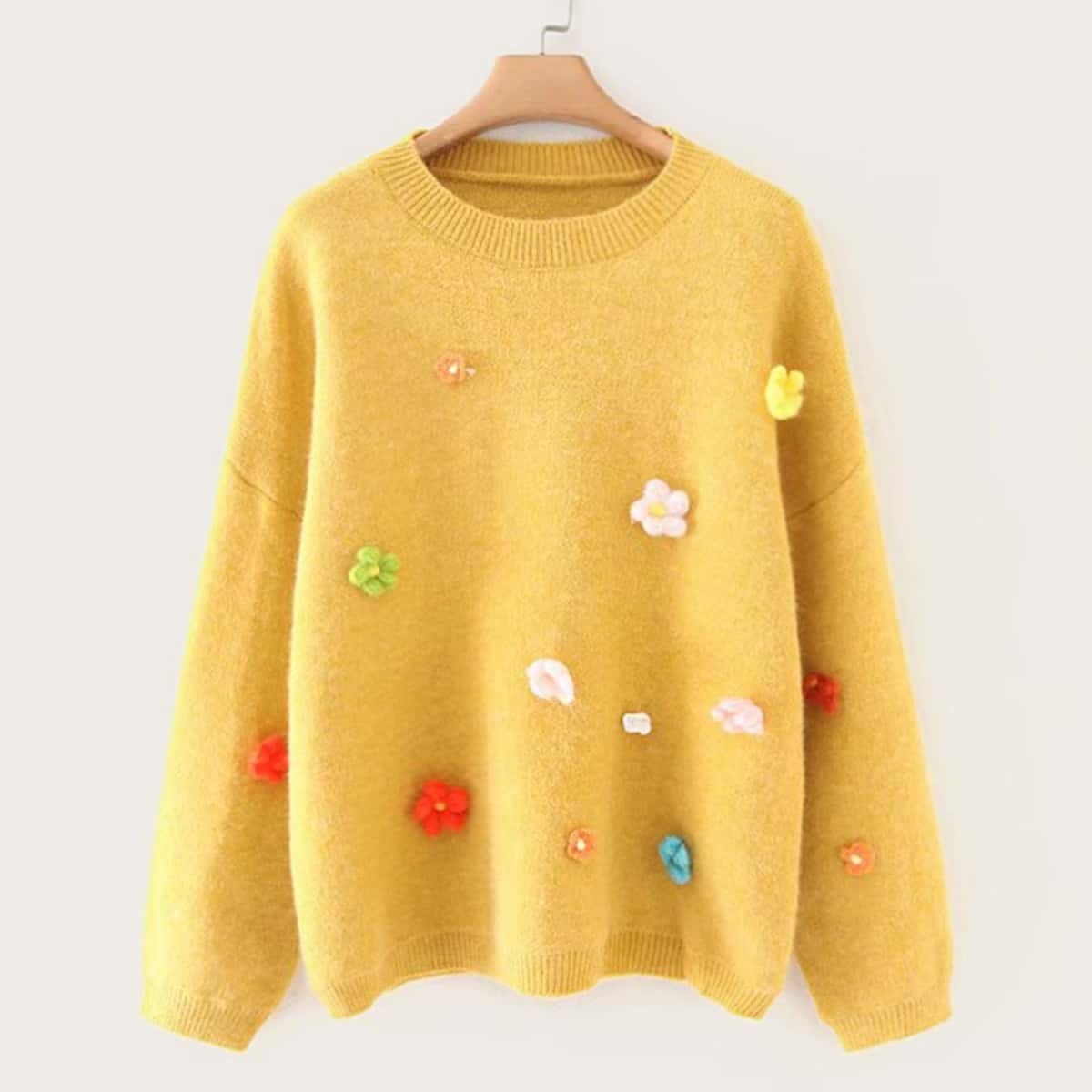 

Drop Shoulder Stereo Flowers Sweater, Yellow