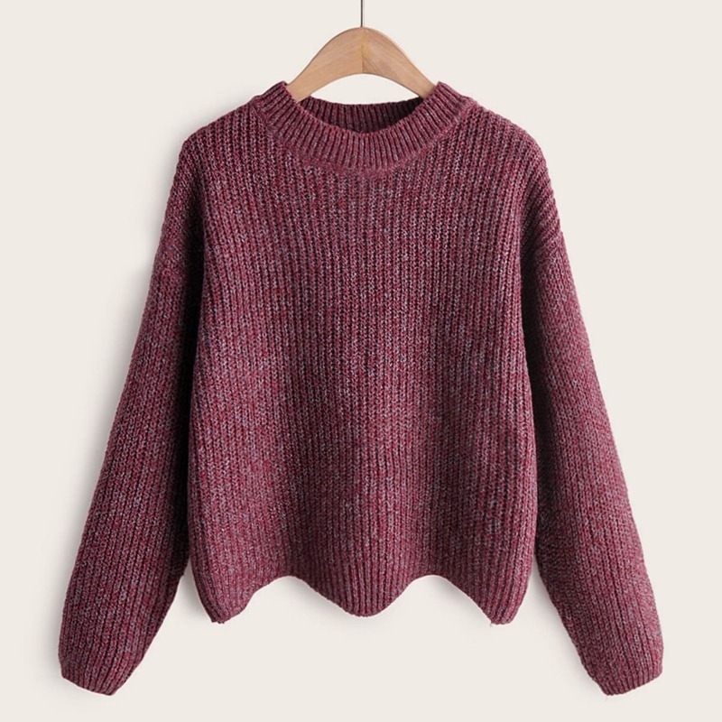 

Space Dye Asymmetrical Wave Hem Sweater, Burgundy