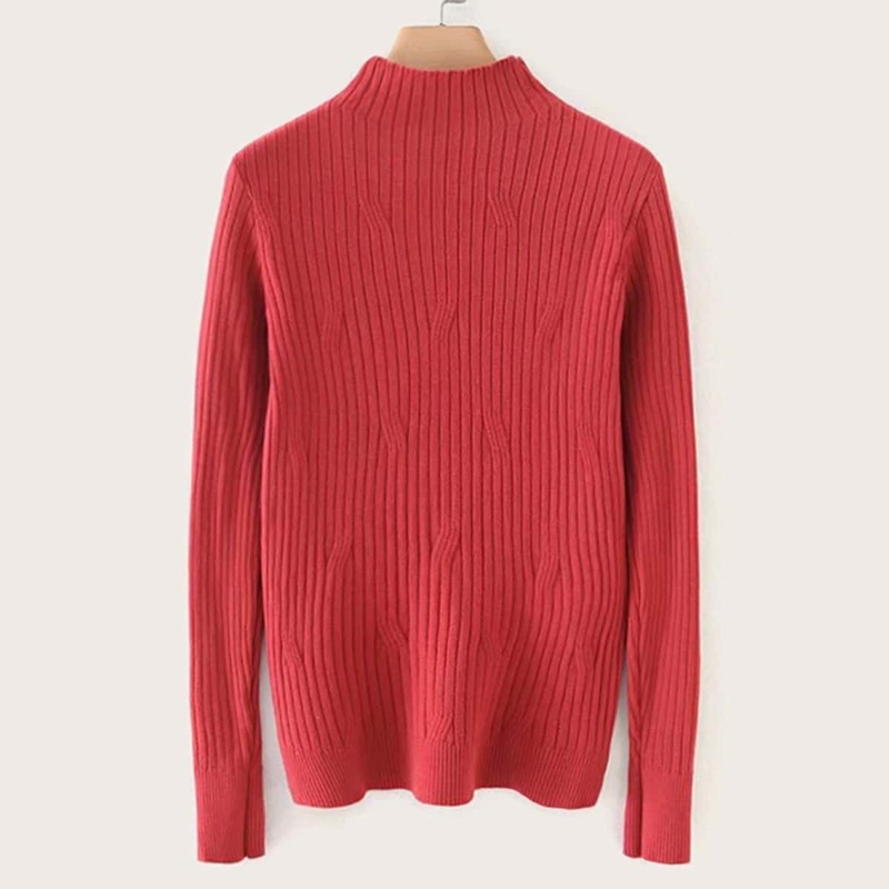 

Stand Neck Ribbed Solid Sweater, Red