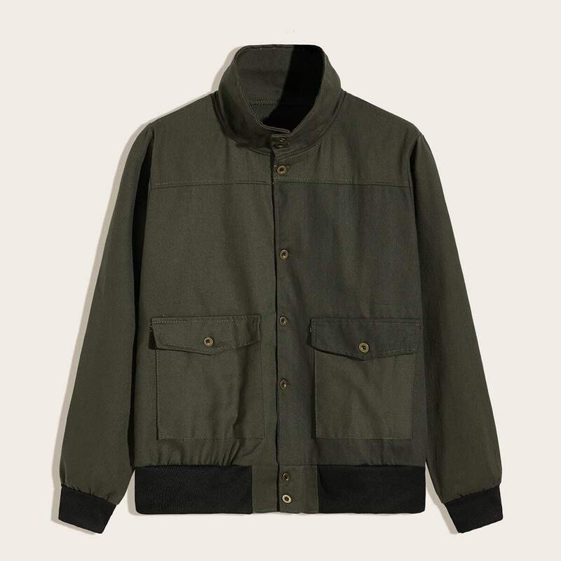 

Guys Contrast Trim Pocket Side Jacket, Army green