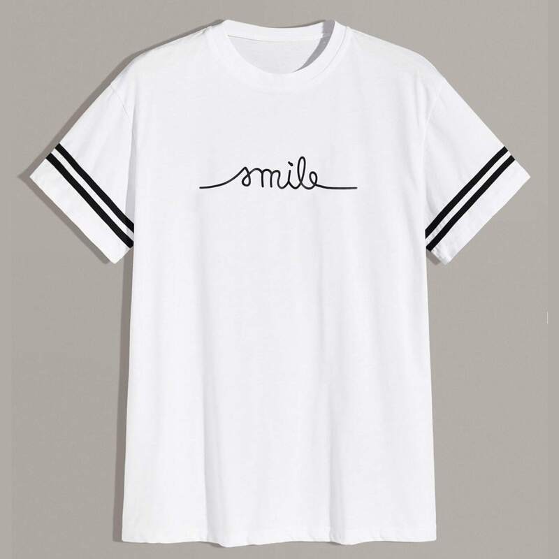 

Guys Letter And Varsity Striped Print Tee, White