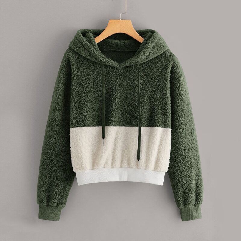 

Two Tone Drawstring Teddy Hoodie, Green