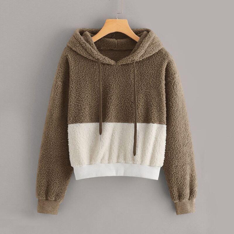 

Two Tone Drawstring Teddy Hoodie, Camel