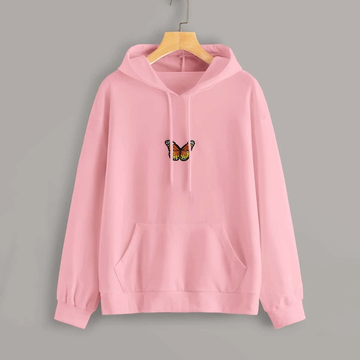 

Butterfly Embroidery Kangaroo Pocket Drawstring Hoodie, Baby pink