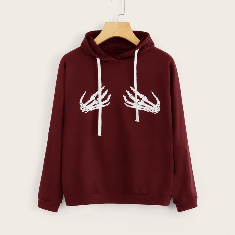 

Skull Hands Print Drawstring Hoodie, Burgundy