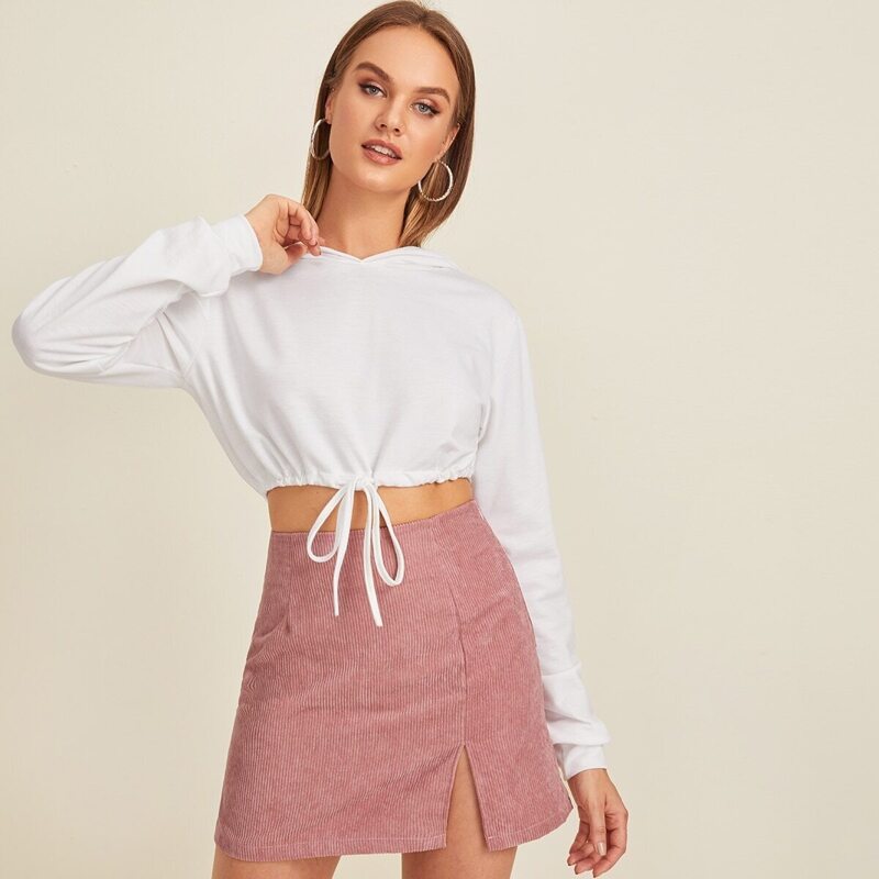 

Drawstring Hem Solid Crop Hoodie, White