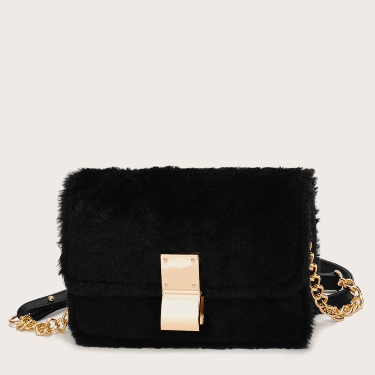

Metal Lock Design Faux Fur Crossbody, Black