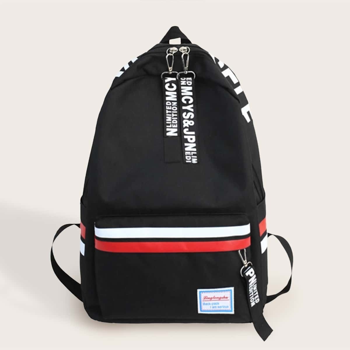 

Letter Detail Strap Front Backpack, Black