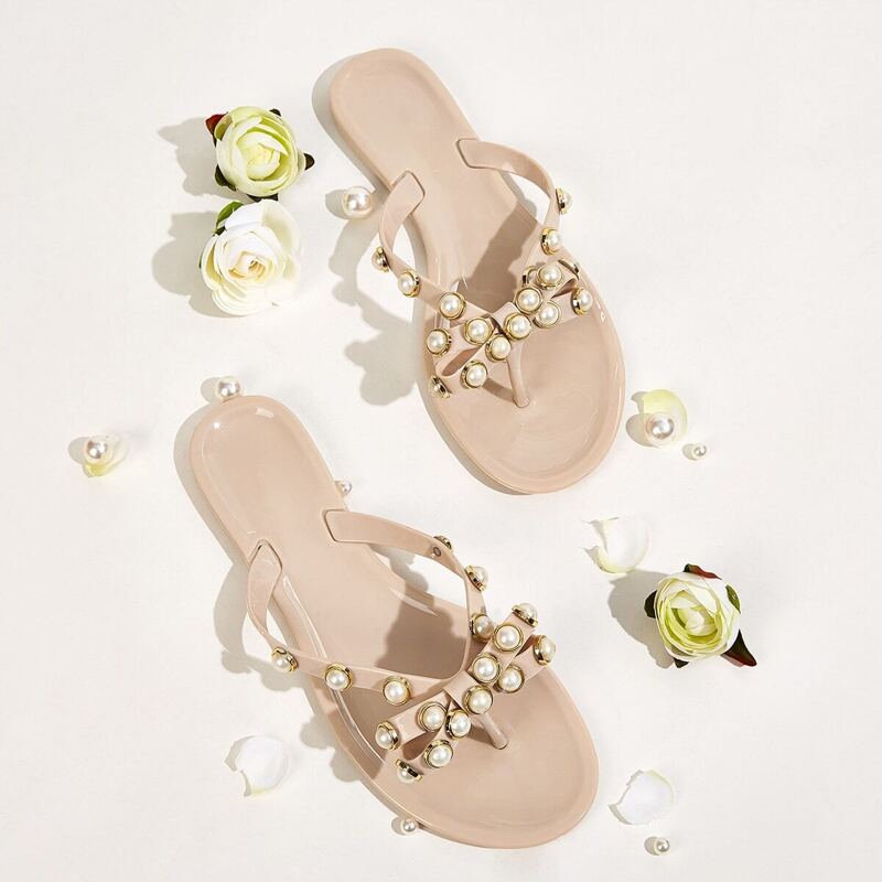 

Faux Pearl Decor Toe Post Sliders, Champagne
