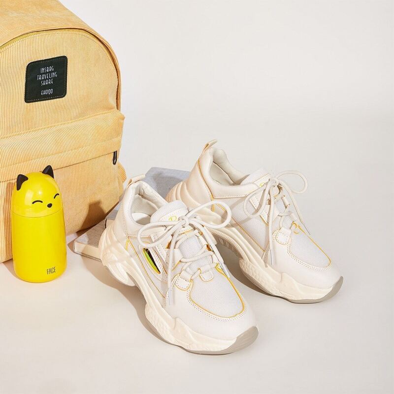 

Lace-up Front Chunky Sole Mesh Sneakers, Beige