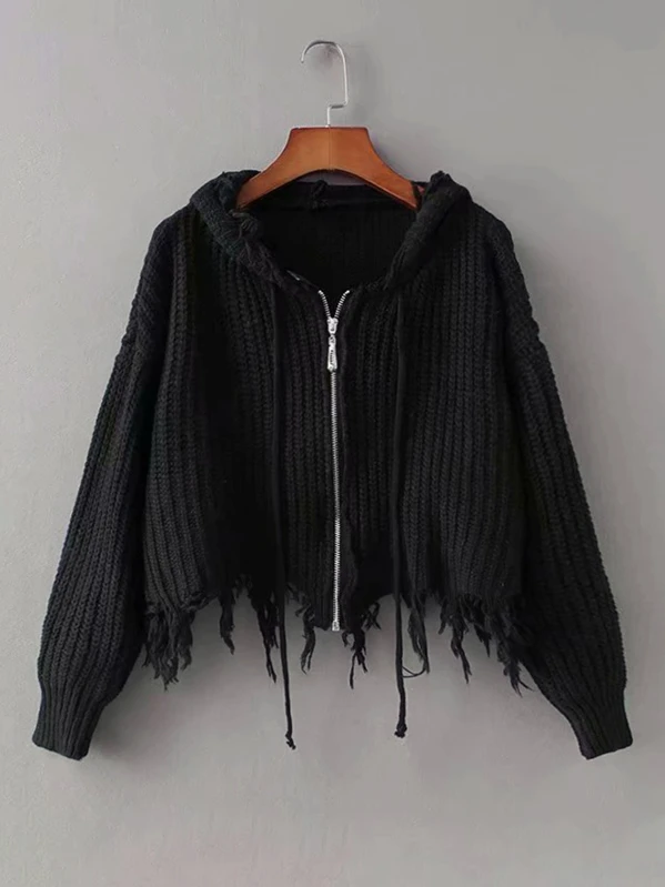 hooded zip up distressed cropped cardigan