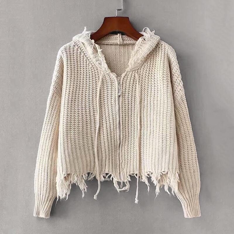 

Distressed Zip Up Crop Hooded Cardigan, Beige