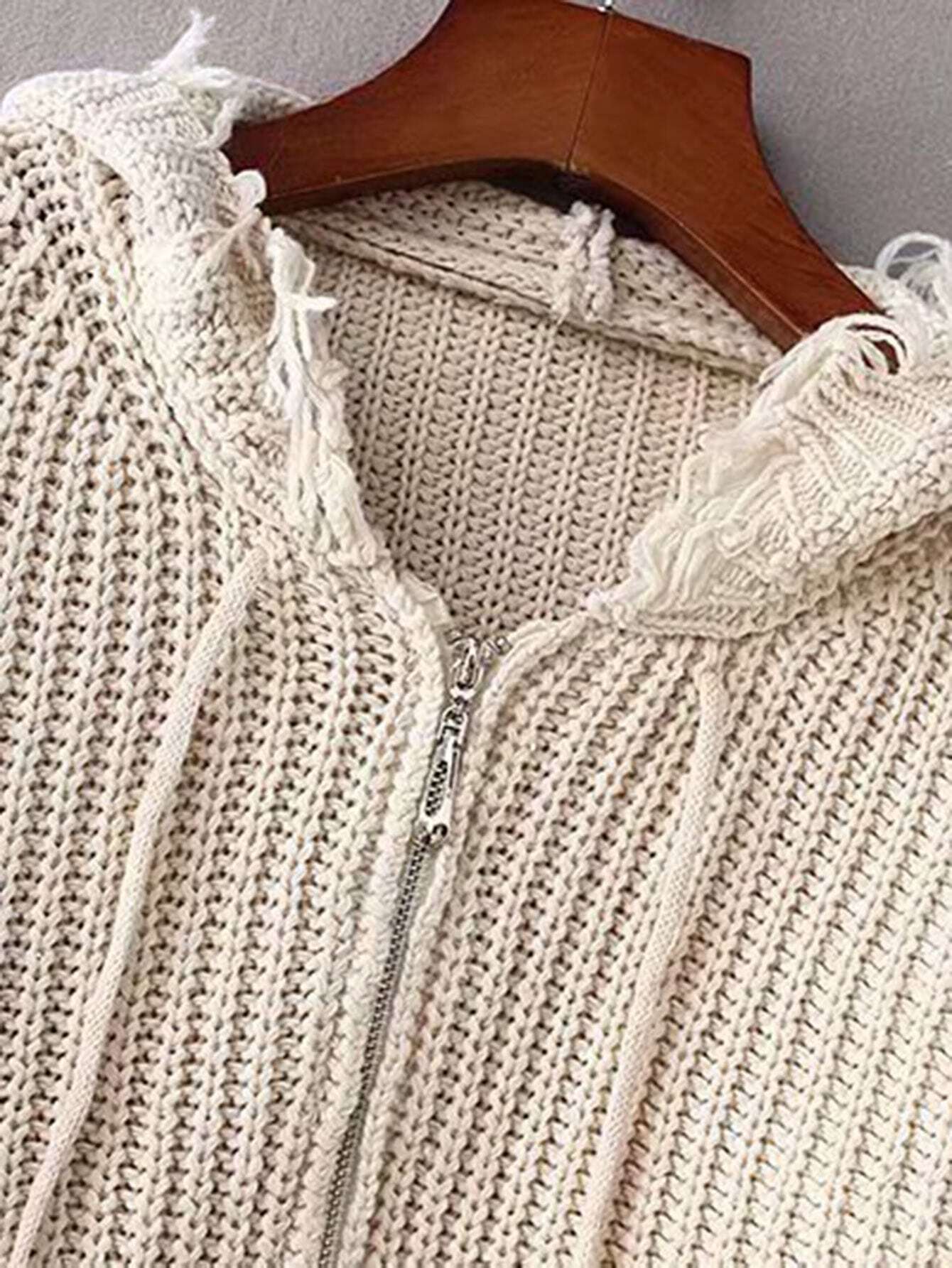 hooded zip up distressed cropped cardigan