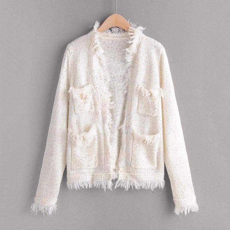 

Space Dye Frayed Trim Pocket Detail Cardigan, White